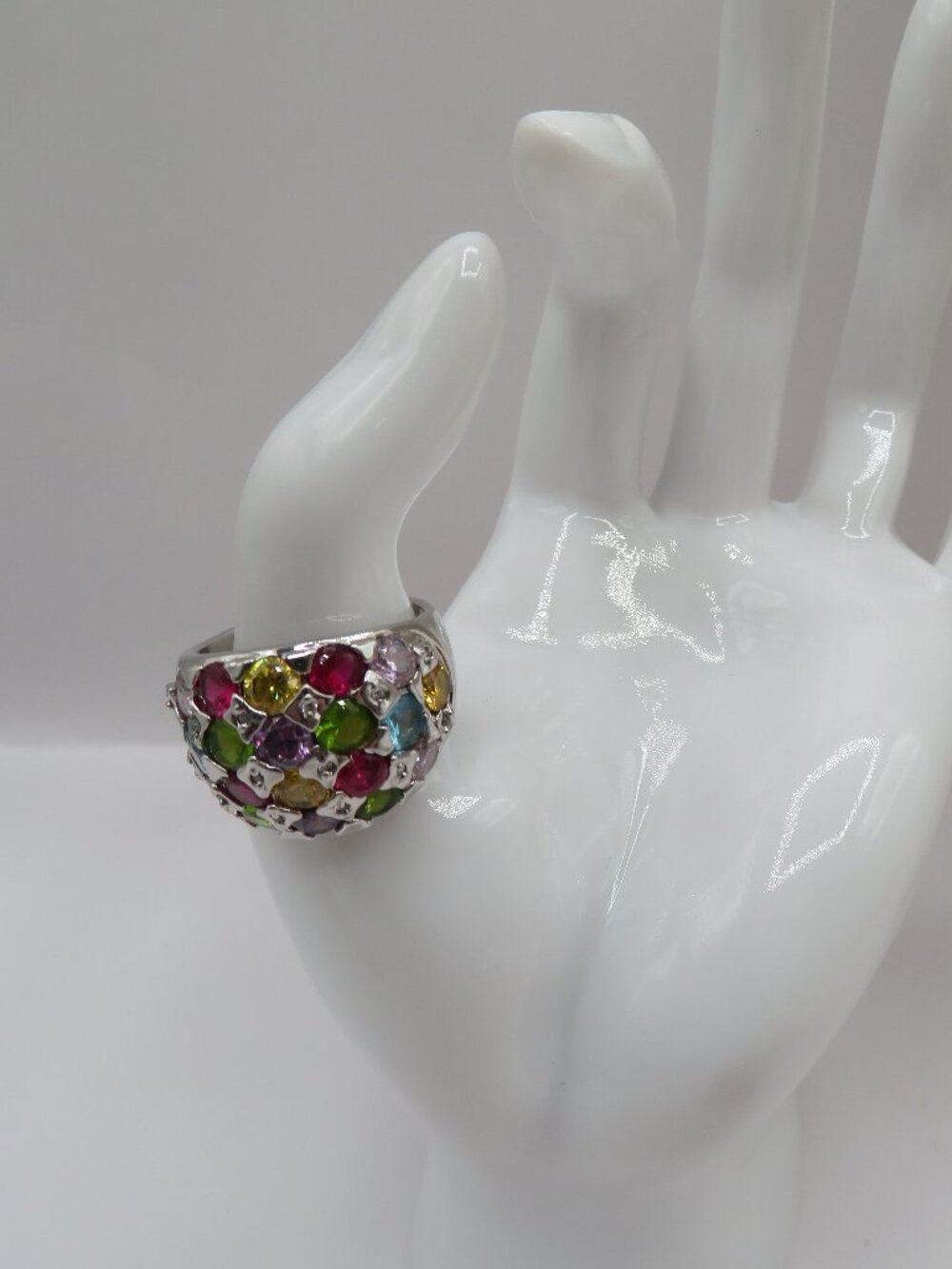 Multi Color Rhinestone Silver Tone Dome Cocktail Ring Sz 10 - Picture 3 of 12